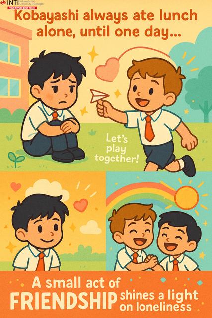 Four-panel illustrated poster about loneliness and friendship, INTI branded