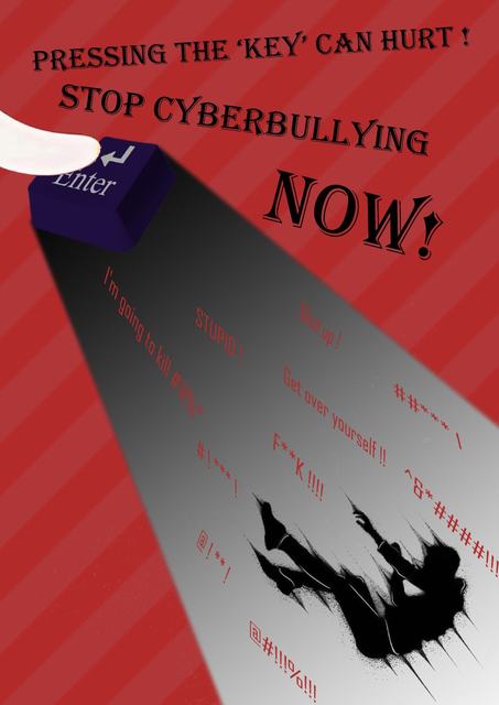 Anti-cyberbullying poster: a finger pressing an Enter key, its beam carrying abuse down onto a figure on the ground